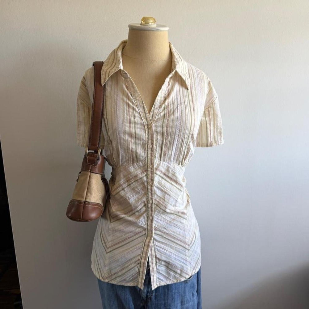 Vintage Y2K Faded Glory neutral striped short sleeve button down blouse